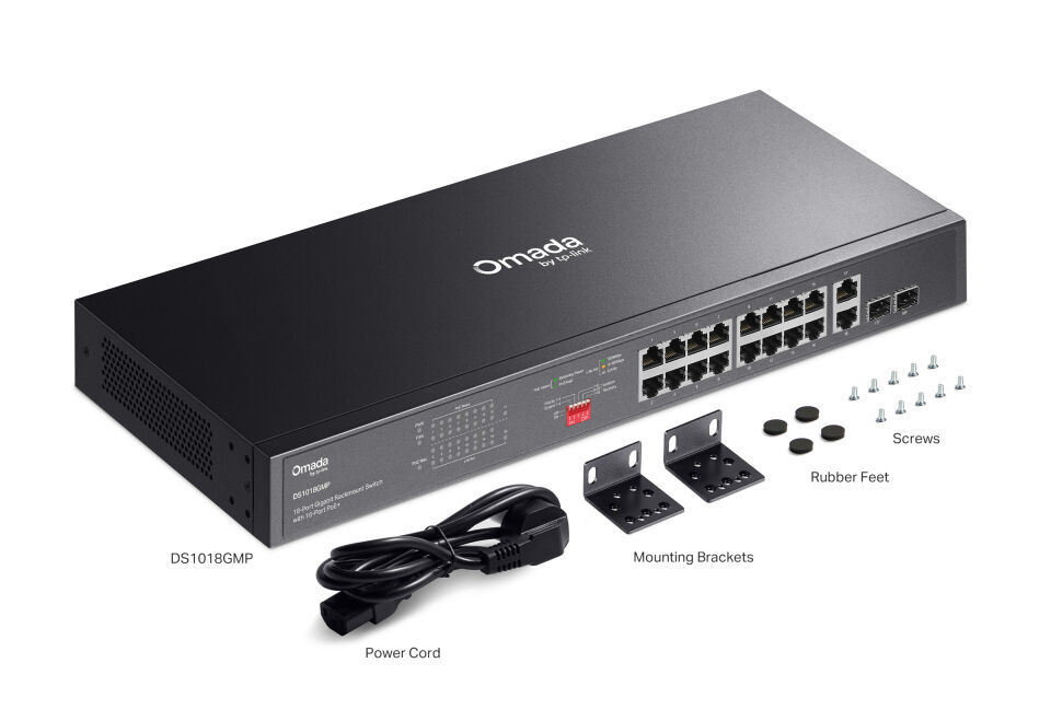 TP-LINK DS1018GMP OMADA 16 PORT GIGABIT+2X1GB RJ45/SFP COMBO 250W 250 METRE POE MESAFE METAL RACKMOUNT KASA SWITCH